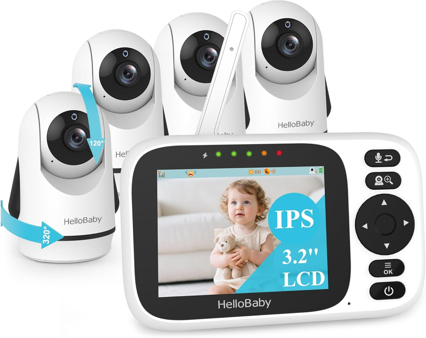 HelloBaby 3.2'' Baby Monitor 4 Cameras, Video Audio Baby Monitor No WiFi, Remote Pan-Tilt-Zoom