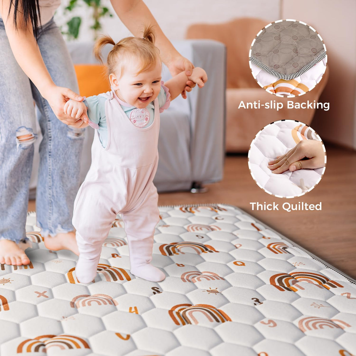Boho Rainbow Baby Play Mat 50" X 50" Playpen Mat Thicken One-Piece Baby Crawling Mat Non-Slip