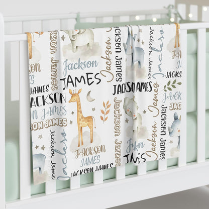 Personalized Safari Animal Swaddle Blanket - Custom Blanks for Boys, Name Blanket for Toddlers &