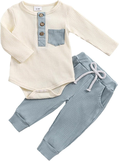 fhutpw Baby Boy Clothes 3 6 12 18 Months Ribbed Knitted Long Sleeve Romper and Pants Sets Newborn