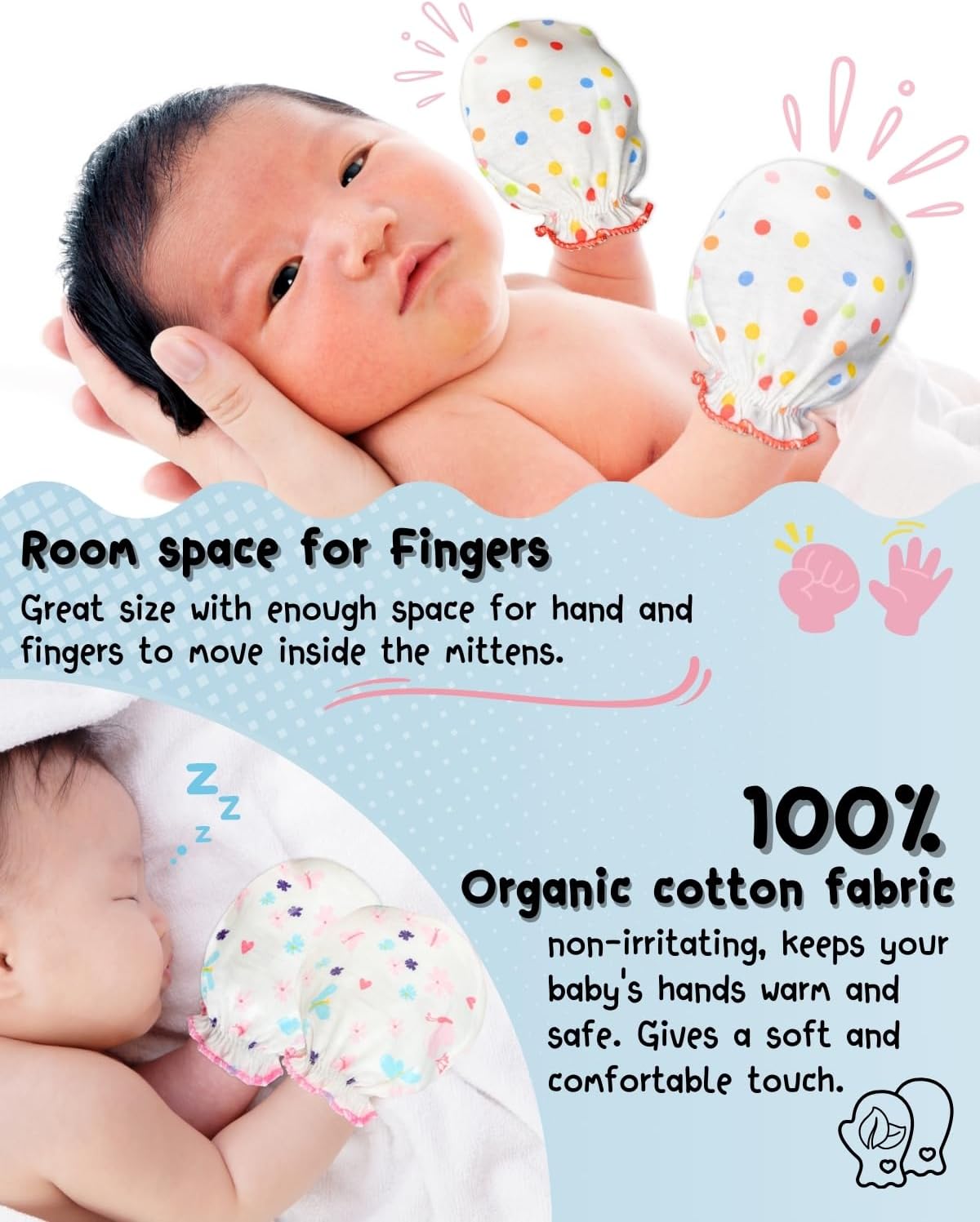 RATIVE Newborn Baby Cotton Gloves Sleep Sleeping No Scratch Mittens Mitts Set for 0-6 Months Unisex