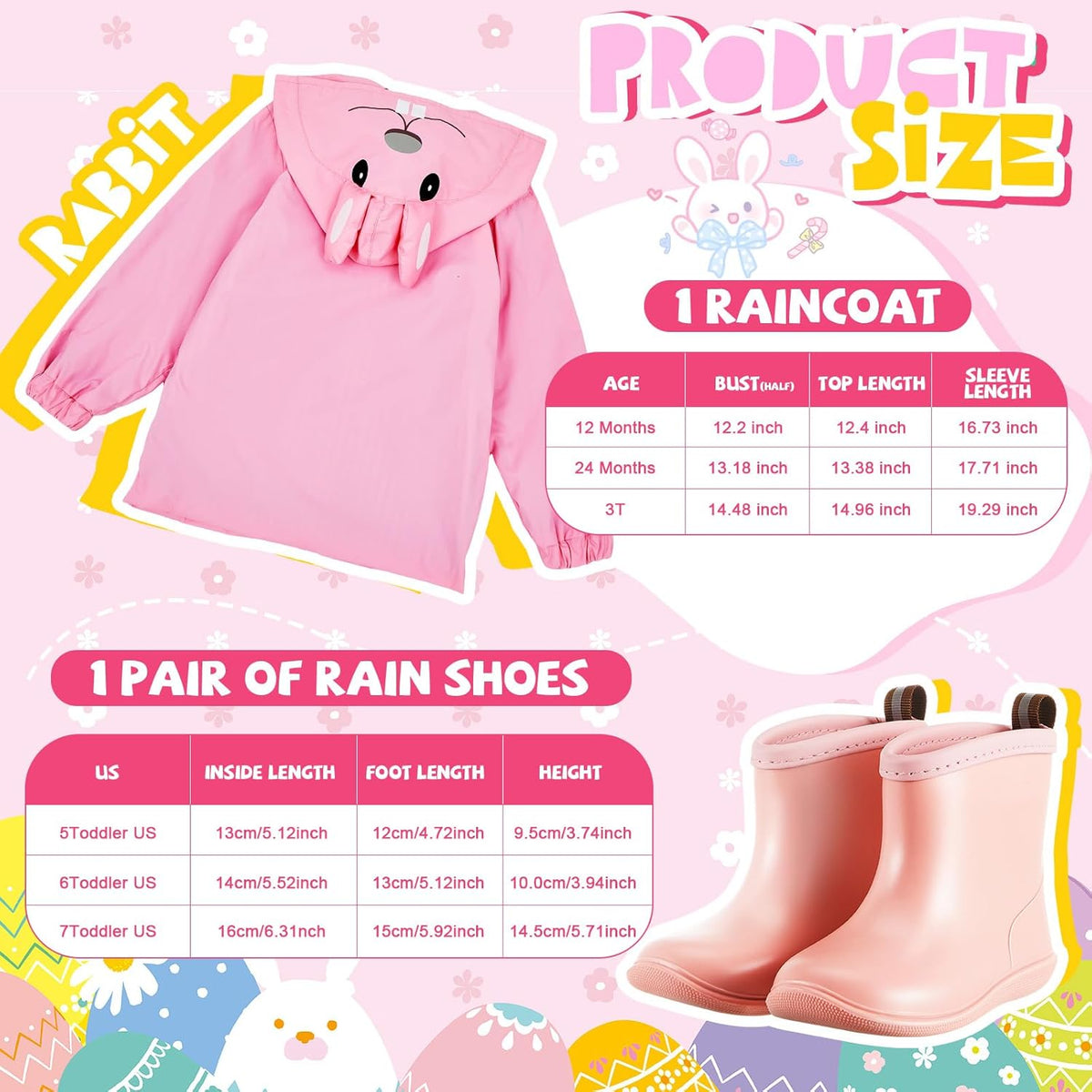 2 Pcs Toddler Raincoat Rain Boots Set Kids Baby Cartoon Hoodie Zipper Jacket Short Rain Shoes for