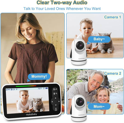 HelloBaby Video Baby Monitor with 2 Cameras and 5 Inch Split Screen Display, Remote Control Cameras