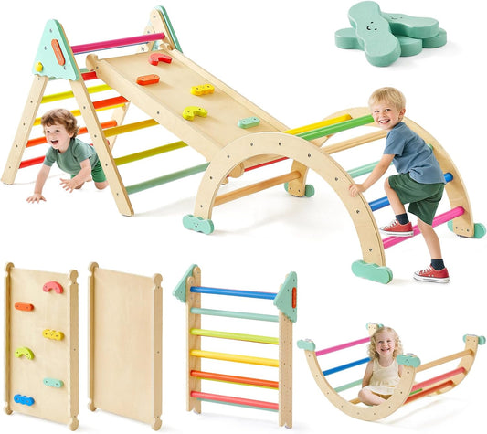 Tiny Land Pikler Triangle Set,7-in-1 Foldable Montessori Toddler Climbing Toys Indoor, Wooden