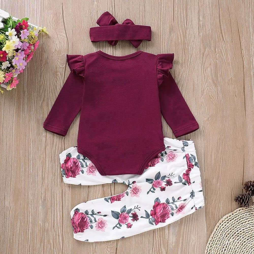 Newborn Baby Girl Clothes, Infant Girl Outfits Long Sleeve Ruffle Romper + Floral Pants + Headband