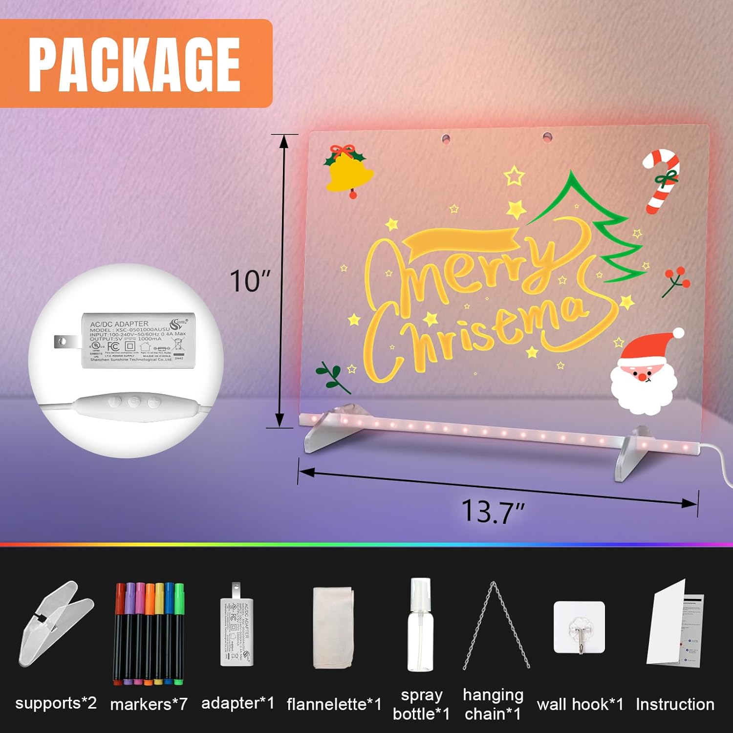 LED Note Board with Colors, 13.7"X10" 4 Modes & 7 Colors Acrylic Dry Erase Board with Light