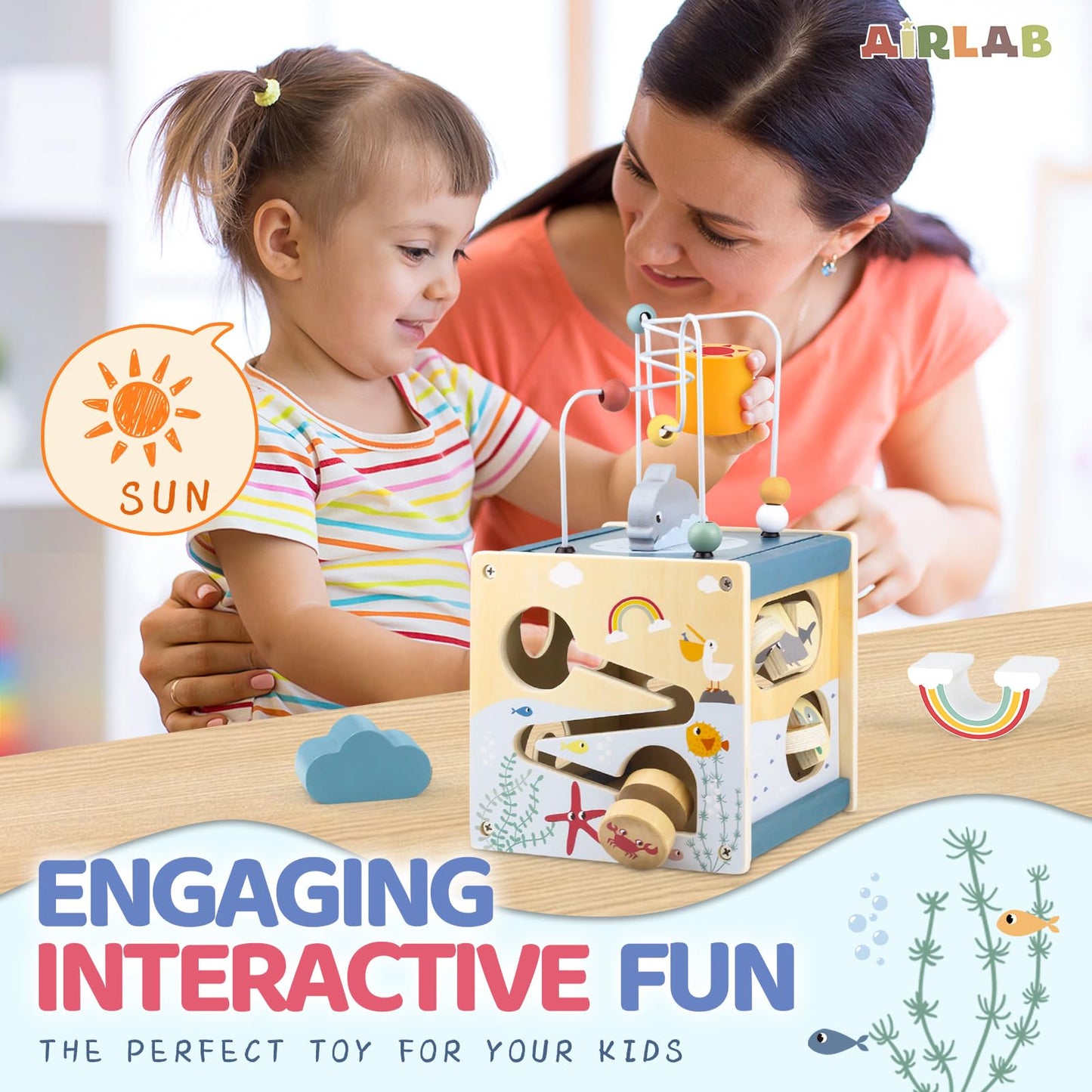 Airlab Wooden Activity Cube Montessori Toys for Boys Girls, Ocean