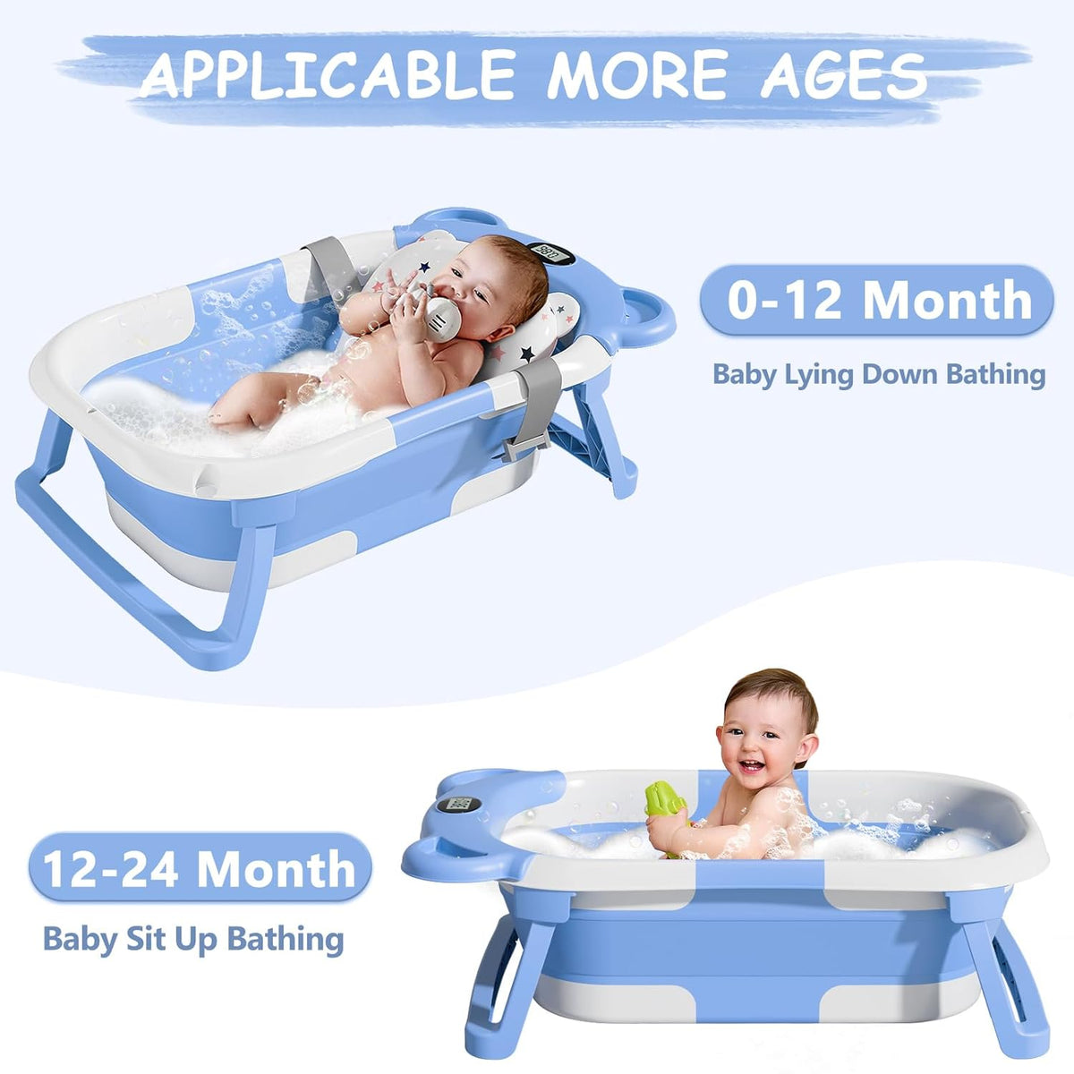 MoreFeel Collapsible Baby Bathtub for Newborn with Thermometer & 1 Hooded Towel & 1 Soft Floating