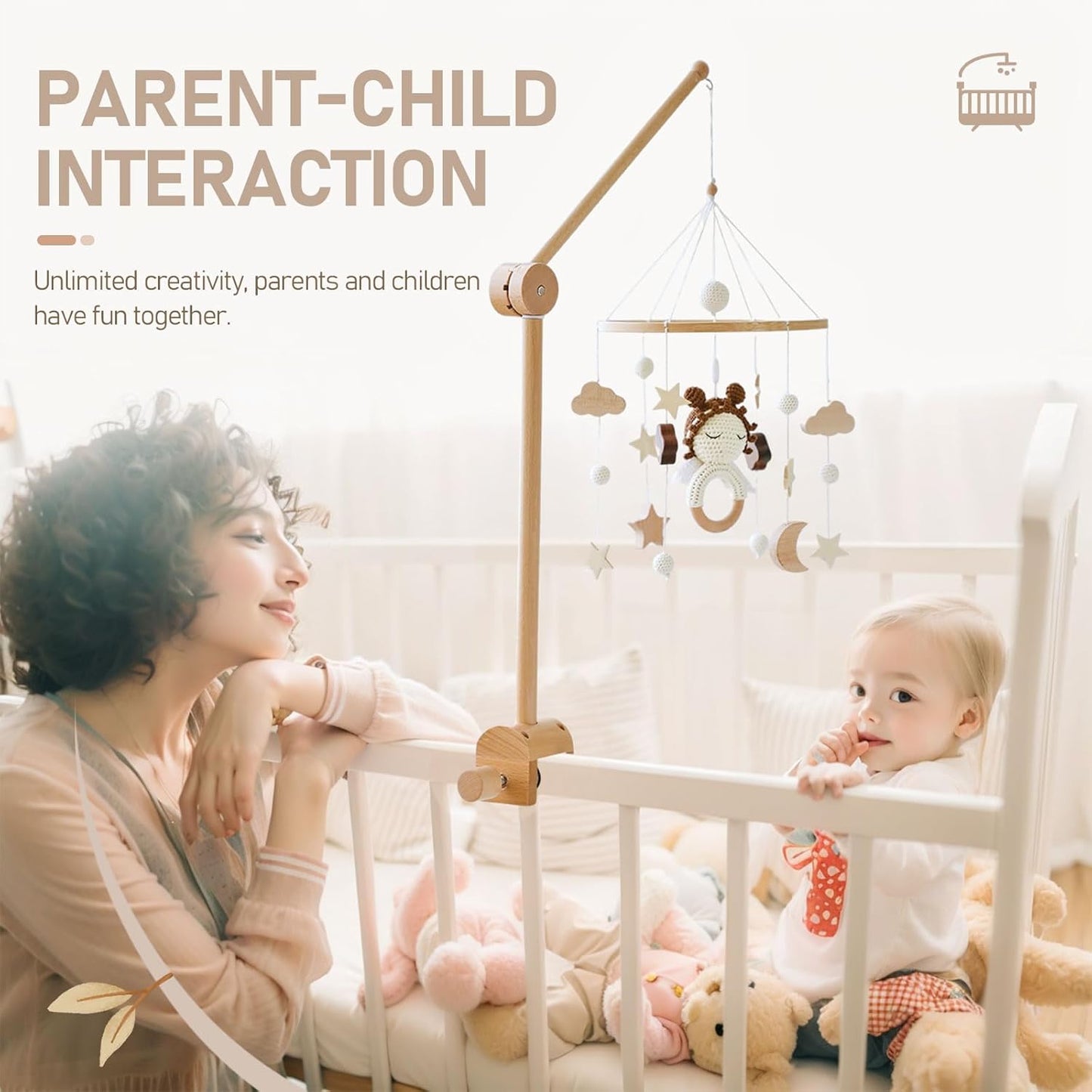 Baby Crib Mobile Arm - Wooden Mobile Arm with Height Adjustable＆360° Rotatable Upgraded Arched Base