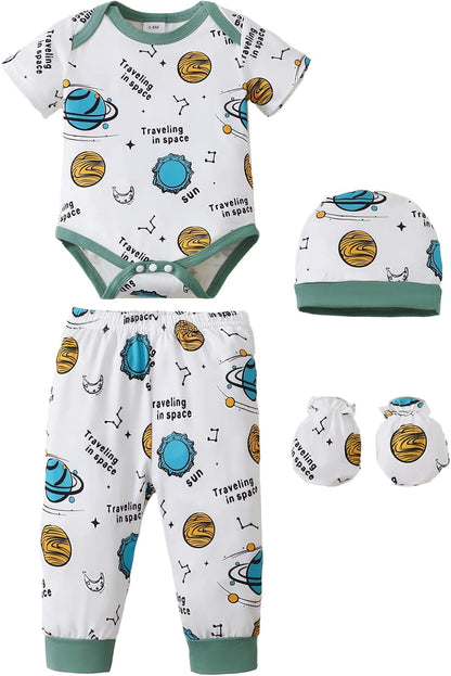 NZRVAWS Newborn Baby Boy Girl Clothes Unisex Infant Romper Pants Set Hat 4-Pack Outfits 0-12 Months