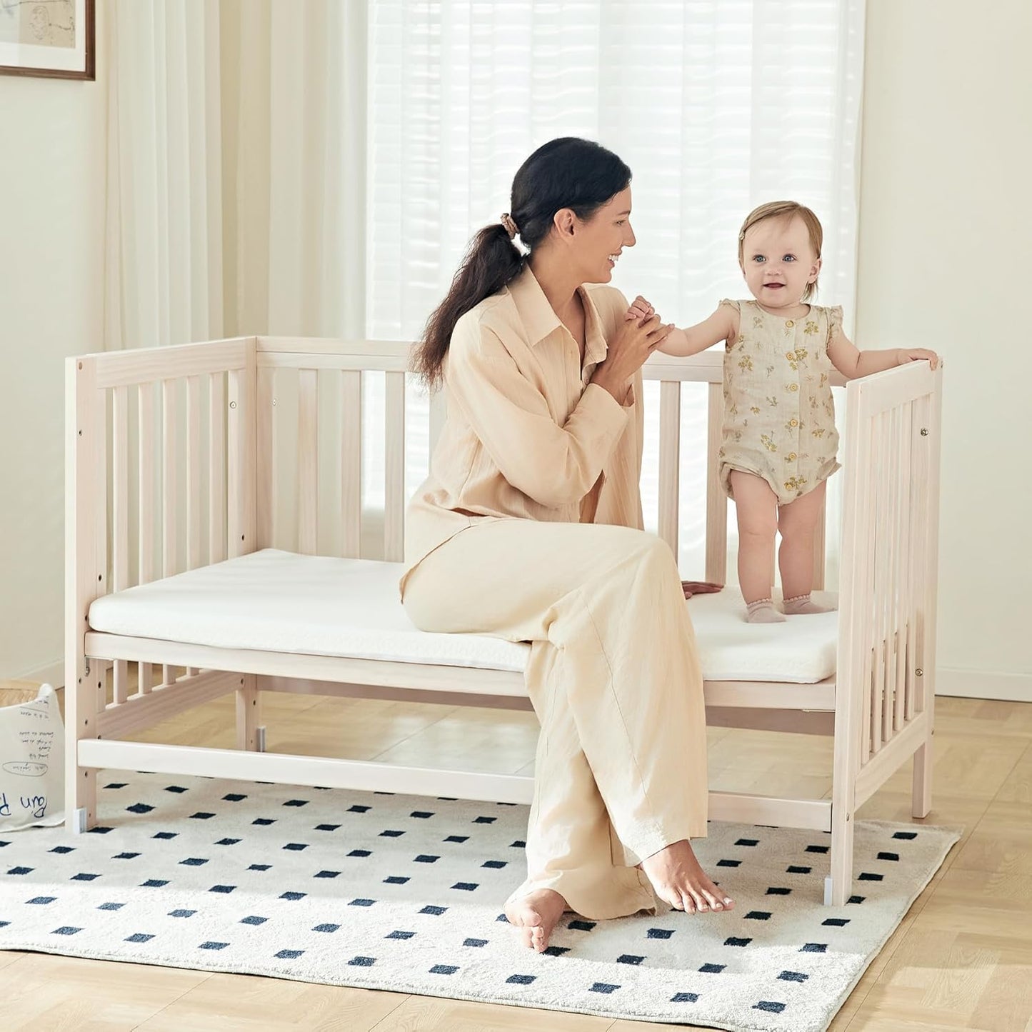 EvoNest Baby Crib, 11 in 1 Convertible Mini Crib with Wheels, 100% New Zealand Wood Growing Bed, 4