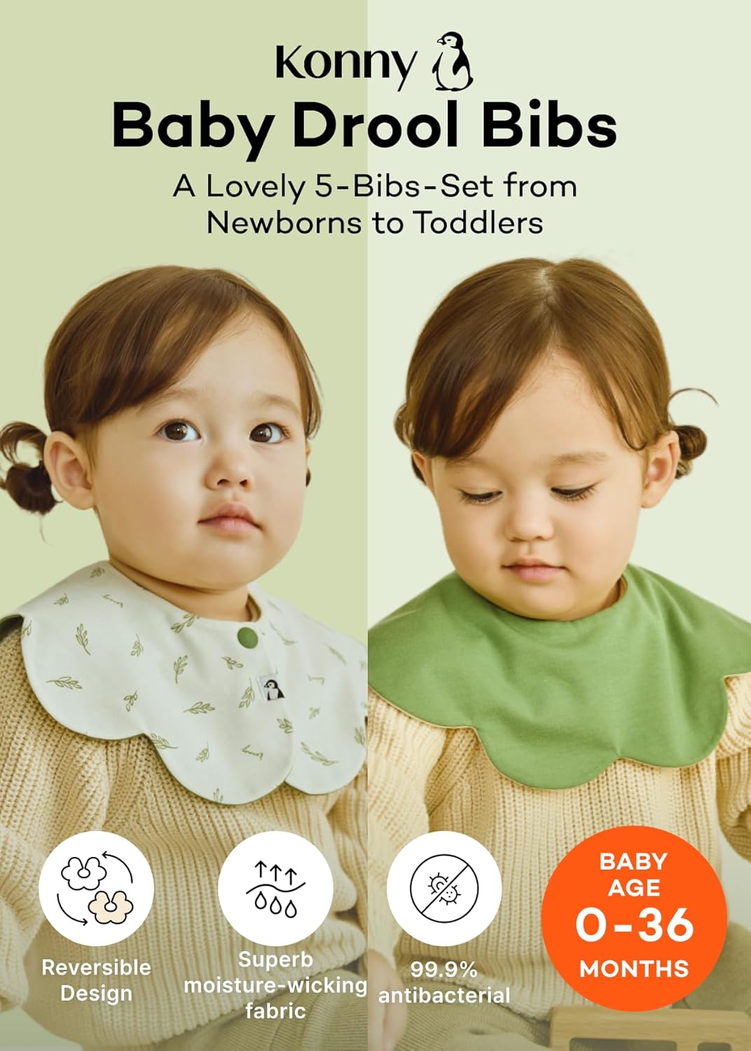 Konny Baby Bibs 5-Pack, 360 ° Rotate, Soft and Absorbent Bandana Drooling for Boys Girls baby