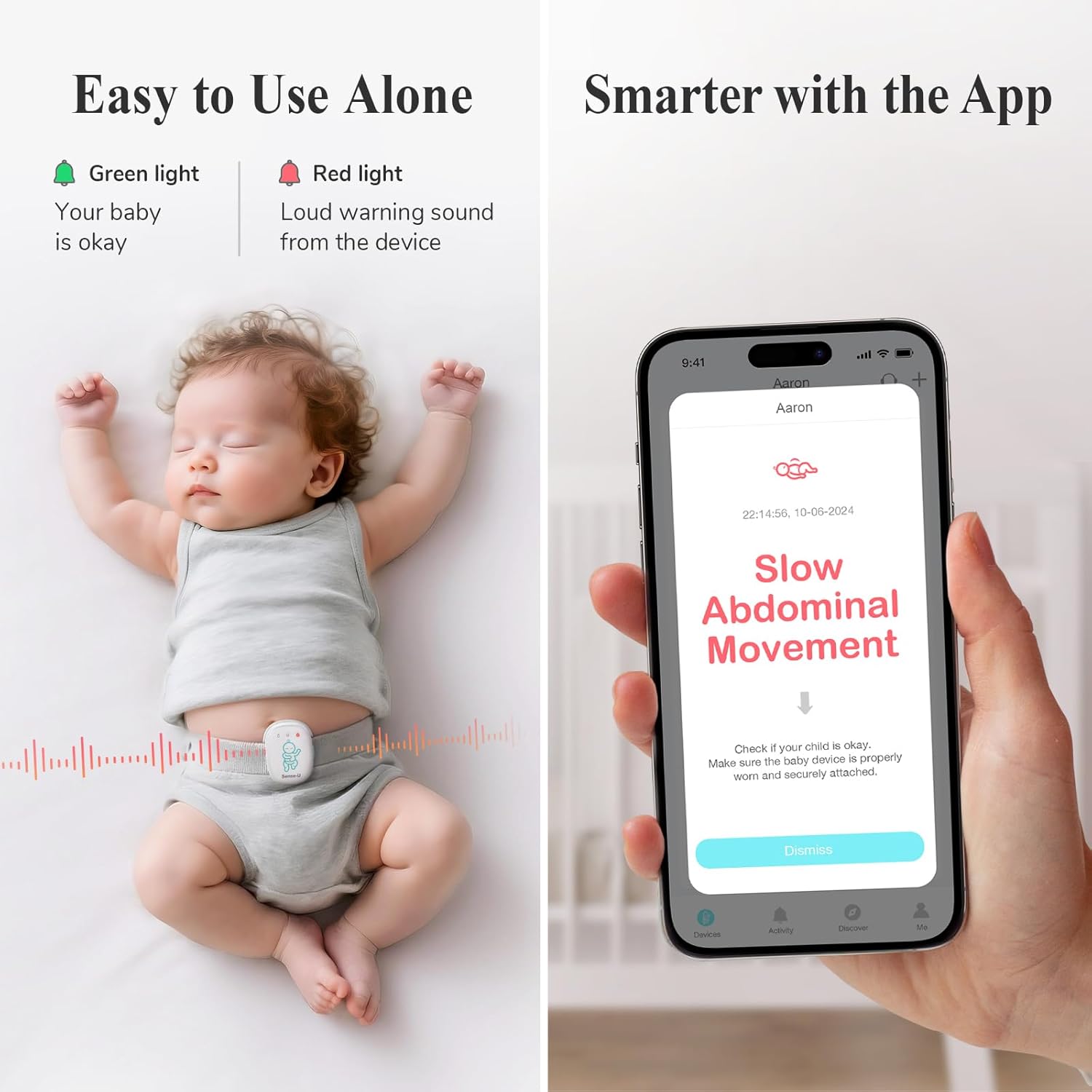 Sense-U Smart Baby Monitor Pro with Arousal Vibration, Audible and App Alerts: Tracks Abdominal