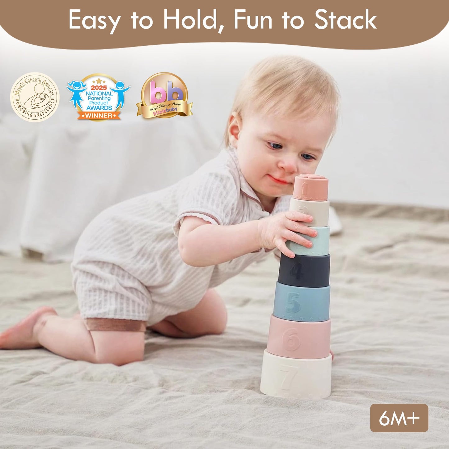 Moonkie Stacking Cups Toy, Fun Educational Baby Toys Silicone Soft Teething Toy, Age 6+ Months, 7