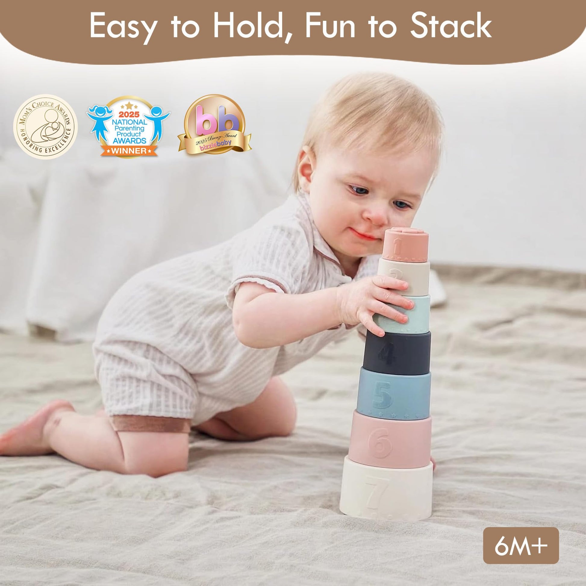 Moonkie Stacking Cups Toy, Fun Educational Baby Toys Silicone Soft Teething Toy, Age 6+ Months, 7