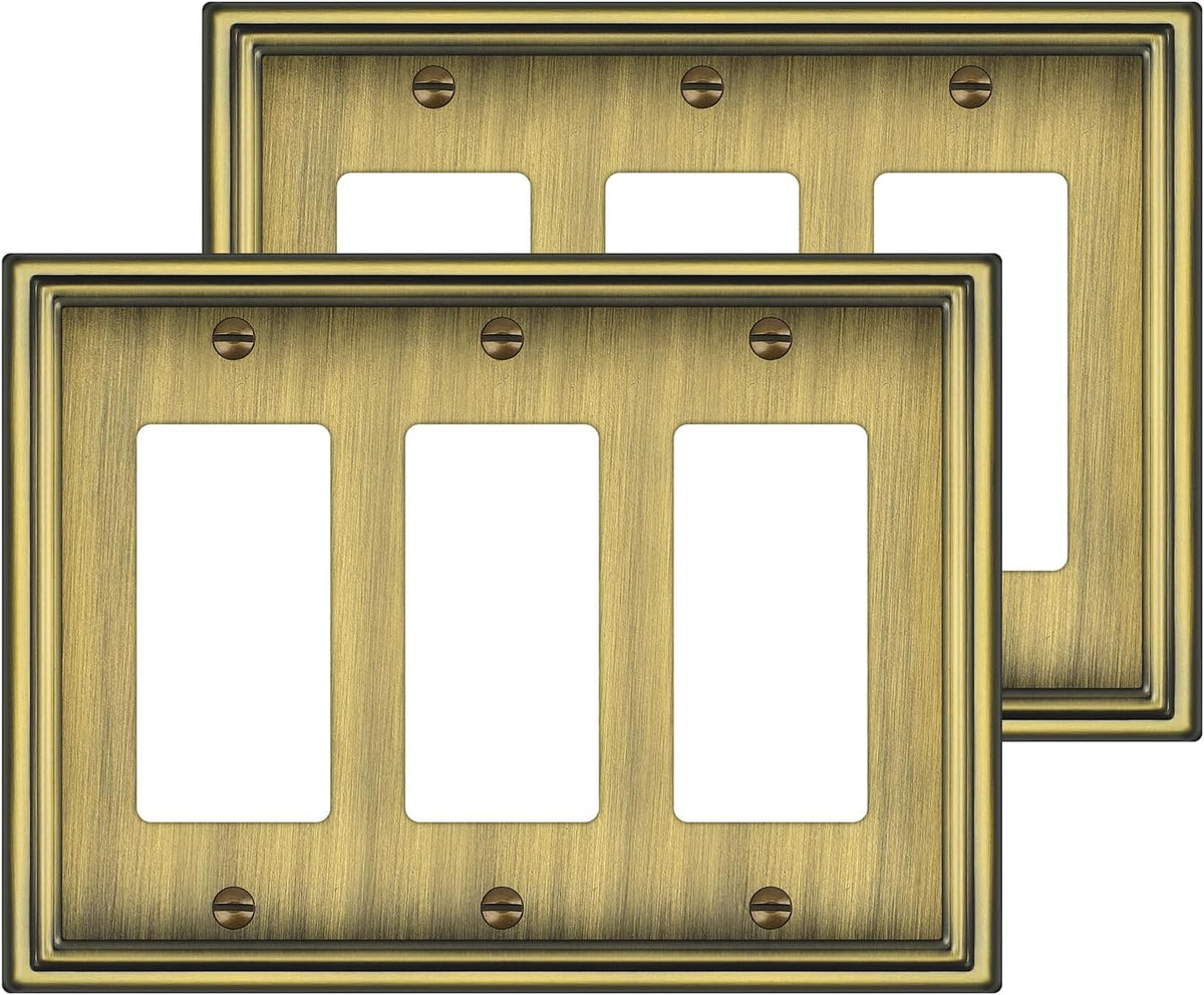 2 Pack Triple Decorator Switch Covers Wall Plate, Antique Brass Metal Material Rocker Switch