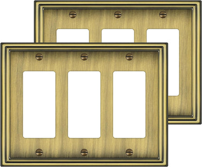 2 Pack Triple Decorator Switch Covers Wall Plate, Antique Brass Metal Material Rocker Switch
