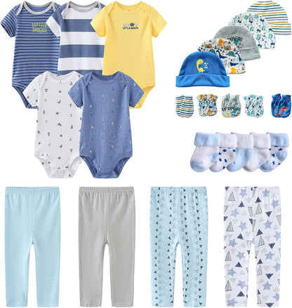 Newborn Layette Gift Set Bodysuits Pants for Baby Girl and Boy 24 Piece 100% Cotton Essentials and
