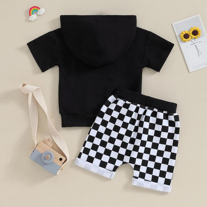 Toddler Baby Boy Summer Hooded Outfit Contrast Color Short Sleeve T Shirt Top Elastic Shorts Summer
