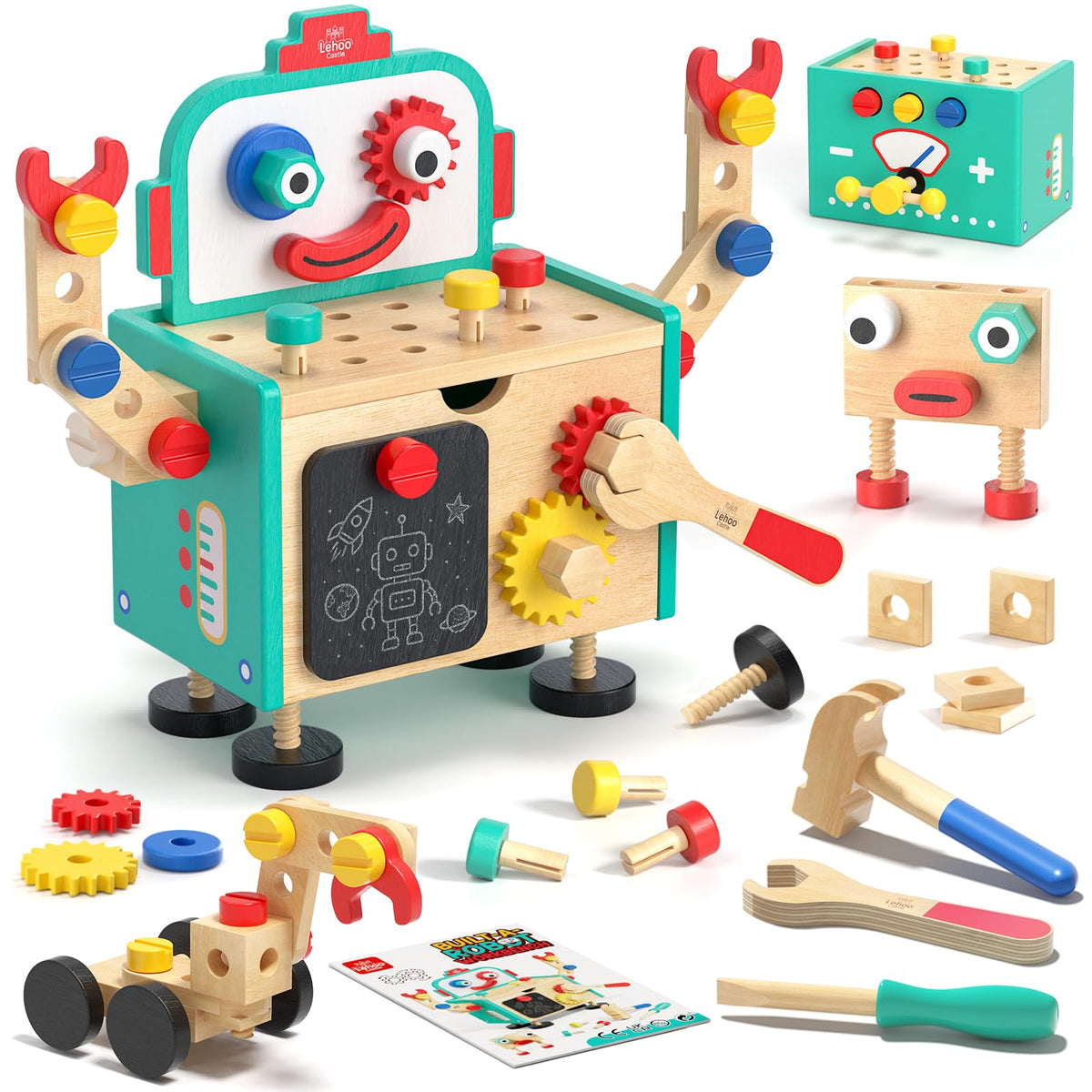 Lehoo Castle Kids Tool Set, Wooden Montessori Robot Tool Bench for Boys 3+
