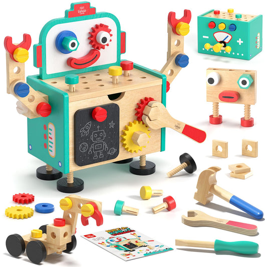 Lehoo Castle Kids Tool Set, Wooden Montessori Robot Tool Bench for Boys 3+
