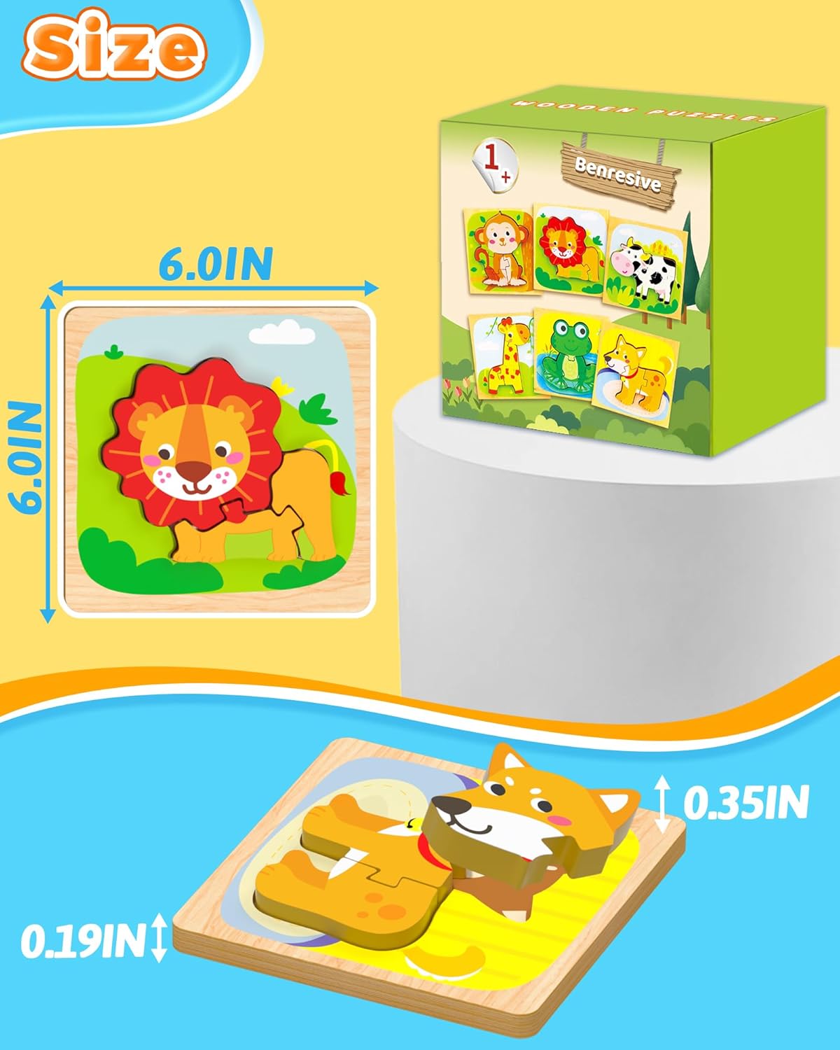 Benresive Wooden Toddler Puzzles, 6pcs Animal Montessori Toys for 1-3 Year Old Boys & Girls