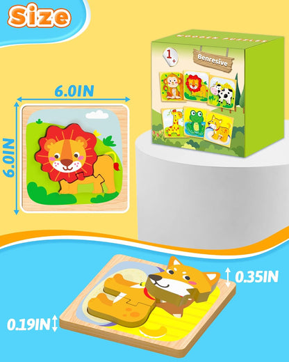 Benresive Wooden Toddler Puzzles, 6pcs Animal Montessori Toys for 1-3 Year Old Boys & Girls