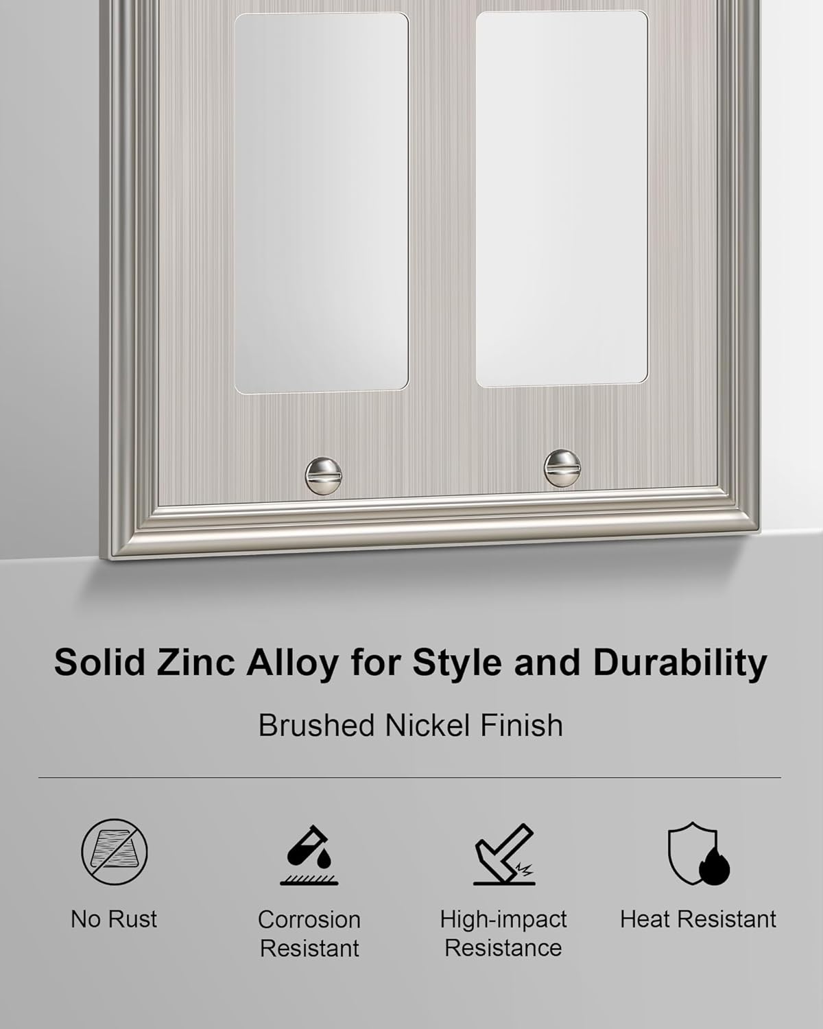 2-Pack Decorative Double Decorator Outlet Cover Plate, Durable Zinc Alloy Brushed Nickel Wall
