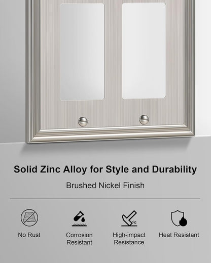 2-Pack Decorative Double Decorator Outlet Cover Plate, Durable Zinc Alloy Brushed Nickel Wall