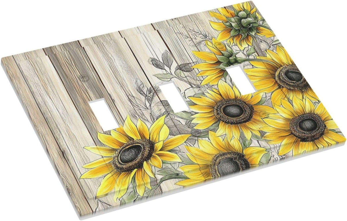 Decorative Switch Plates Floral Sunflower Rustic Flower Vintage Wood 3 Gang Wall Plate Triple