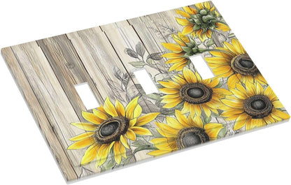 Decorative Switch Plates Floral Sunflower Rustic Flower Vintage Wood 3 Gang Wall Plate Triple
