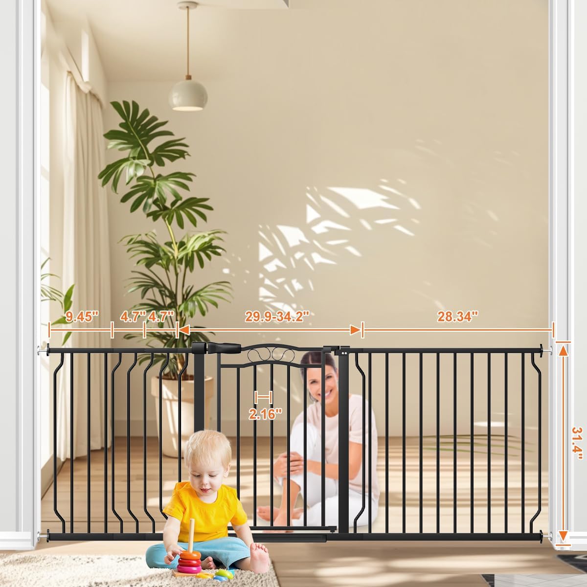 67.3-81.1" Extra Wide Baby Gate for Stairs No Drilling, 30" Tall Auto Close Press Mounted Baby Gate