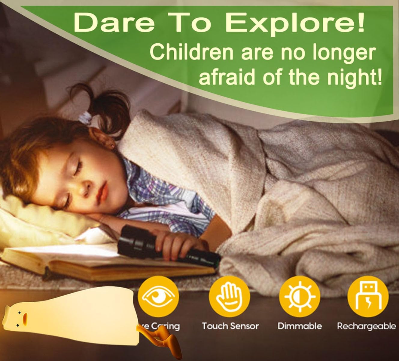 DREAMING MY DREAM Cute Duck Night Light,Rechargeable Fun Lying Flat Duck Lamp,LED Squishy Animal