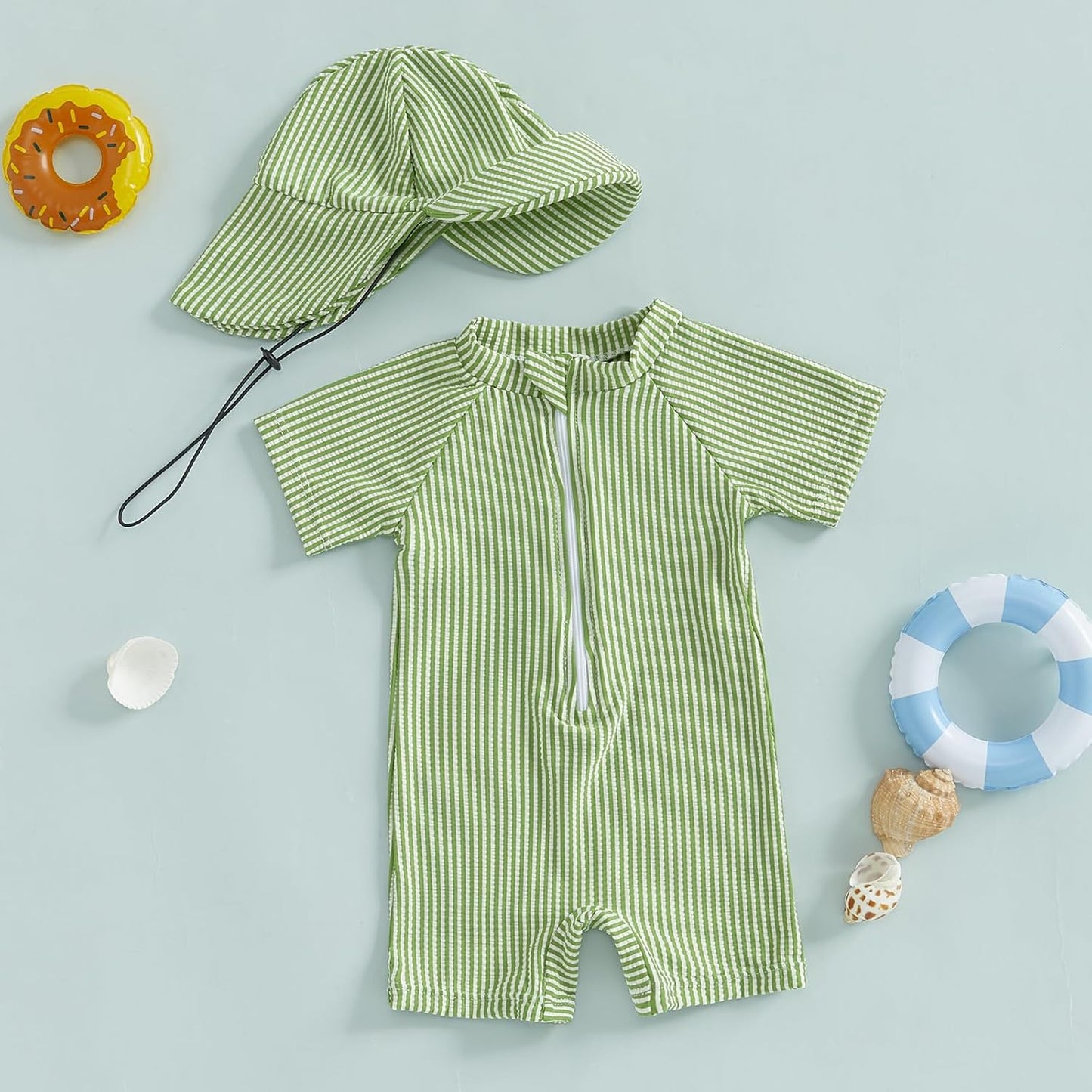 Toddler Baby Boys Seersucker Short Sleeve One Piece Rash Guard Swimsuit Zipper Bathing Suit