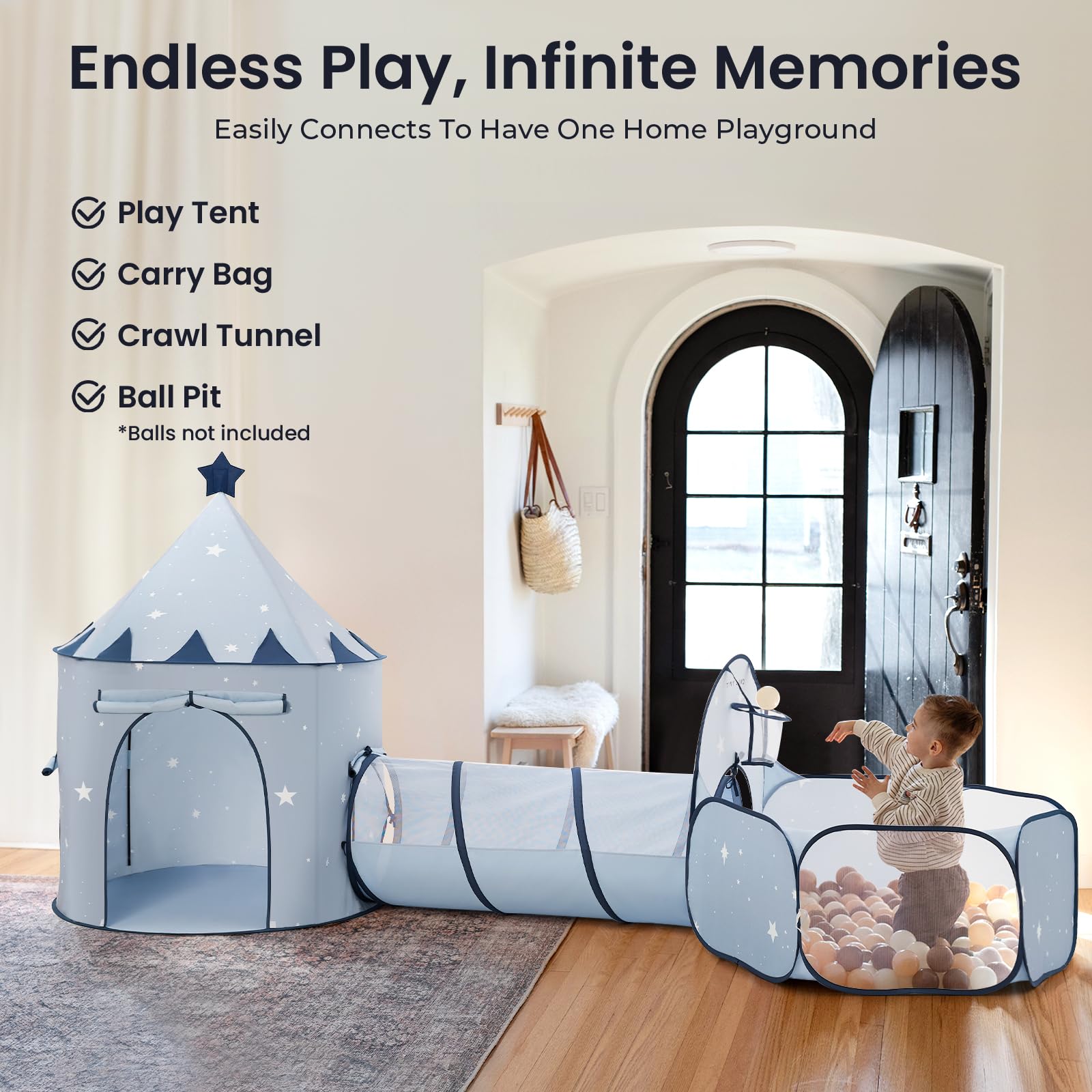 Tiny Land 3-in-1 Kids Play Tunnel with Ball Pit & Tent, Pop-Up Crawl Toy