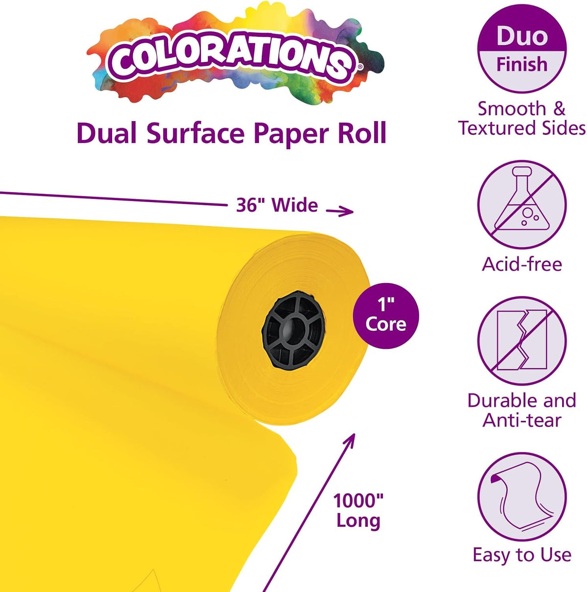 Colorations Dual Surface Paper Roll Classroom Supplies for Arts and Crafts Yellow (36" x 1000')