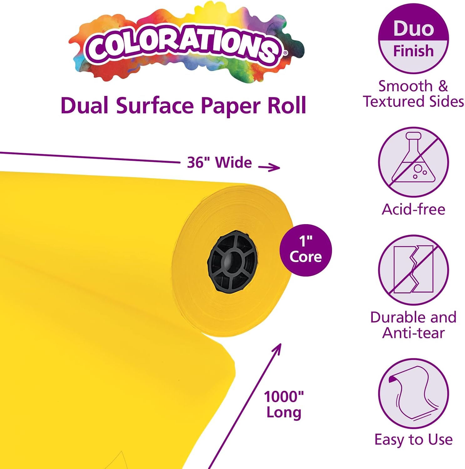 Colorations Dual Surface Paper Roll Classroom Supplies for Arts and Crafts Yellow (36" x 1000')
