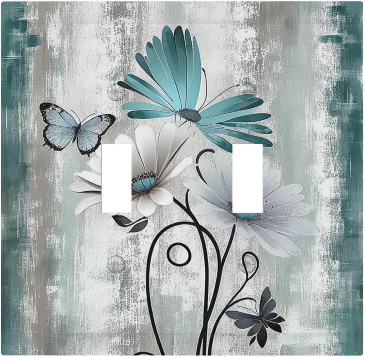 Decorative Switch Plates Rustic Teal Daisy Floral Flowers Butterfly Wood Grain 2 Gang Double Toggle
