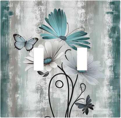 Decorative Switch Plates Rustic Teal Daisy Floral Flowers Butterfly Wood Grain 2 Gang Double Toggle