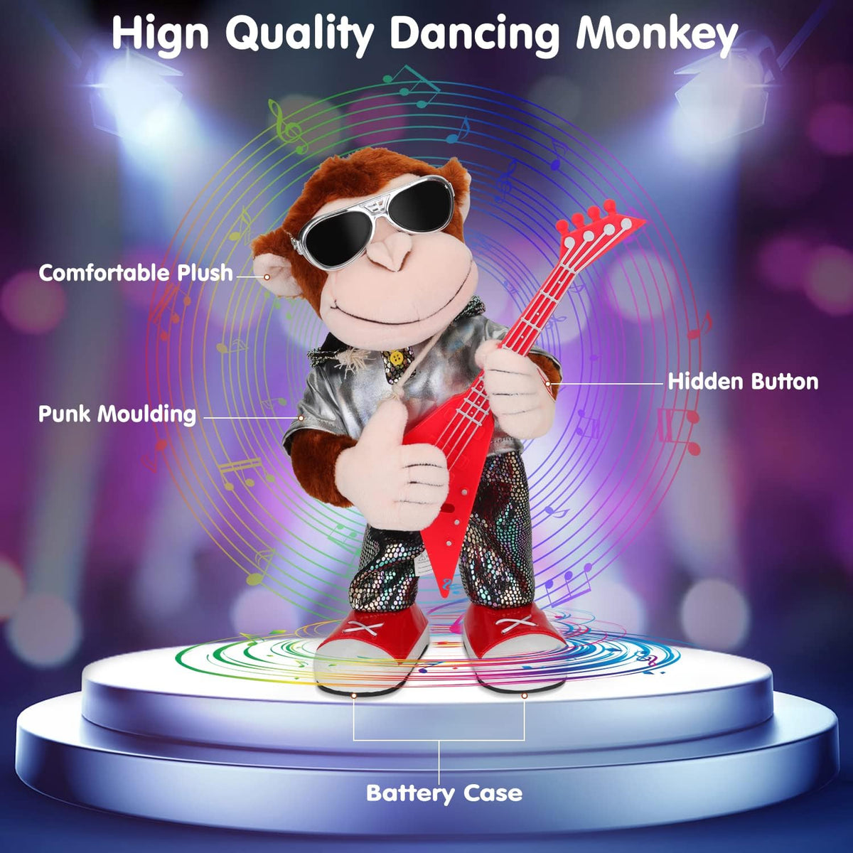 Dancing Monkey Plush Toy, Stuffed Toys, Dancing Singing, Body Shaking, and Guitar Shaking, Punk