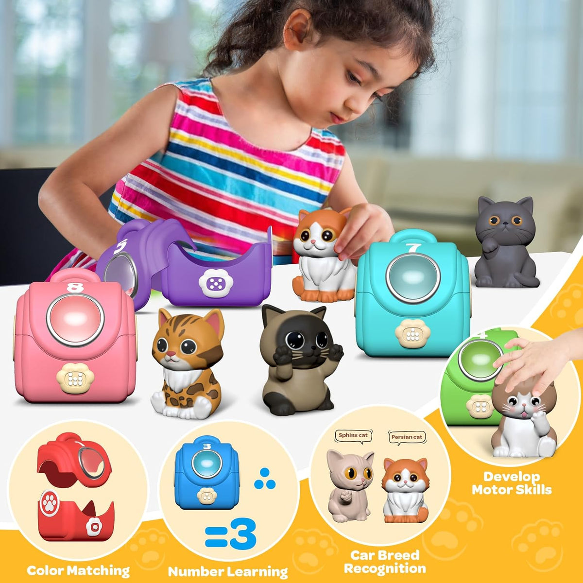 Learning Toy for Toddlers 1 2 3 Year Old, 20 Pcs Cat Toys for Kids, Counting, Matching & Sorting