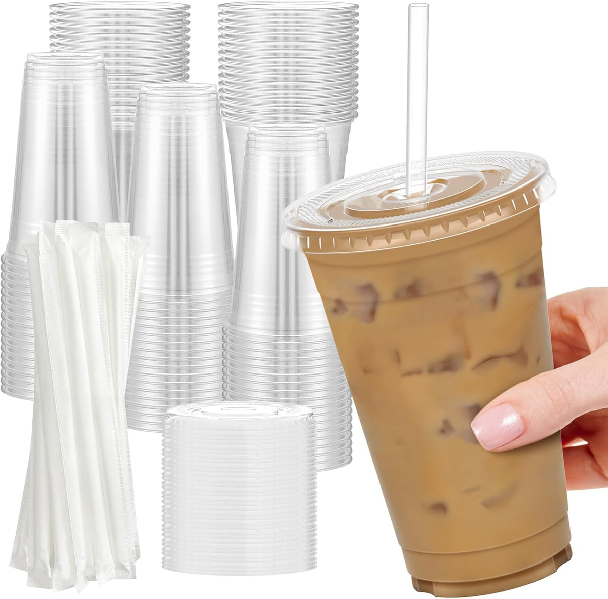 100 Pack - 24 oz Clear Plastic Cups with Lids and Straws, Sturdy & Food Safe Iced Coffee Cups with