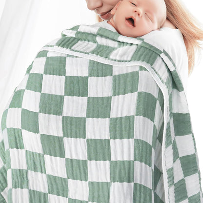 Muslin Baby Blanket Unisex Sage Green Checkerboard Toddler Blanket for Bed, 70% Cotton and 30%