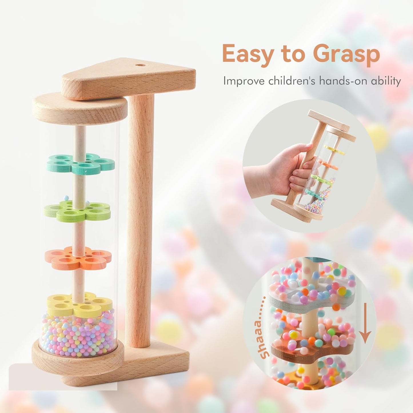 WOODEN TEETHER Wooden Soothing Rain Stick with Handle for 12 Months+ Babies Montessori Musical Baby