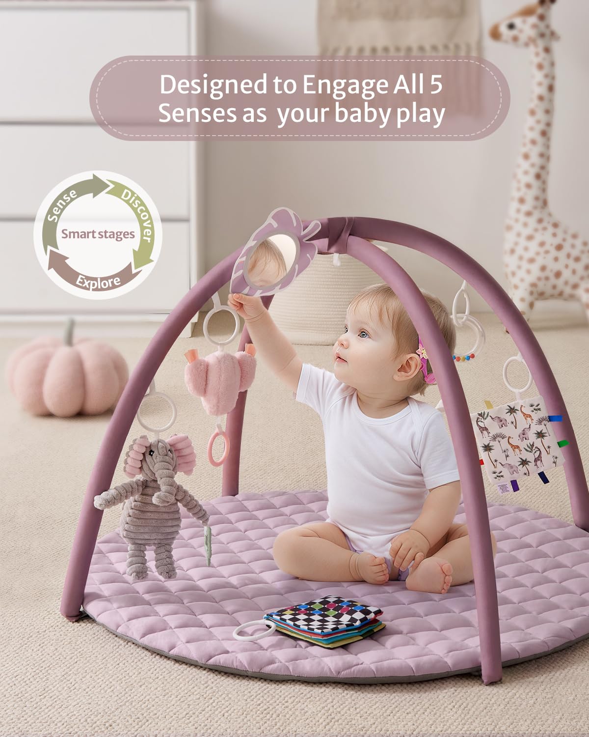 Blissful Diary Baby Play Gym Mat, Tummy Time Activity Mat with 6 Detachable Toys for Stage-Based