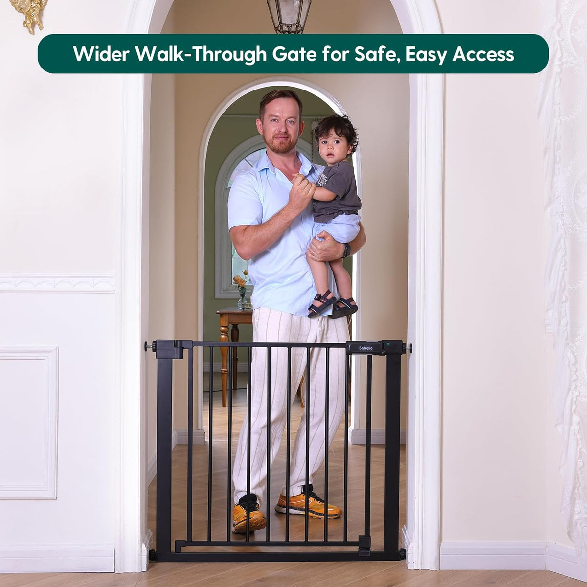 BABELIO Baby Gate for Doorways and Stairs, 41-46" Pet Gate with Wide Walk Thru Door and Lock