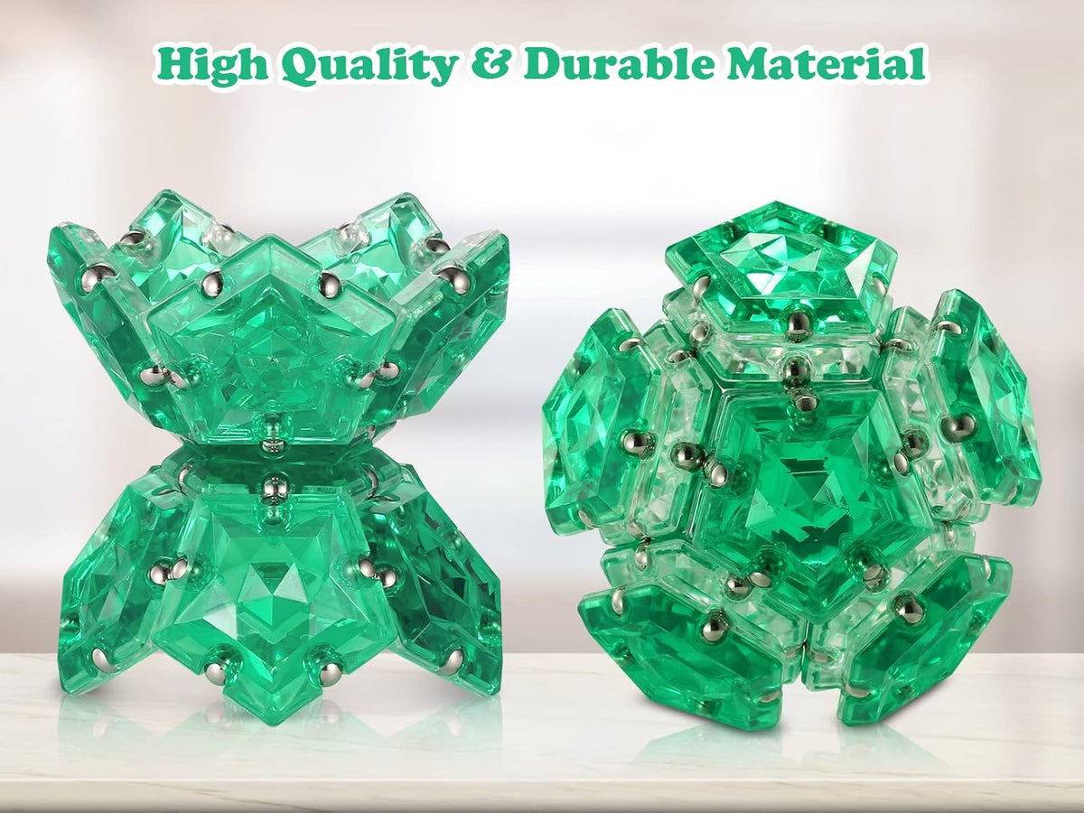 Magnetic Fidget Sphere - Pentagons Magnets Balls - 12 Piece Set - Crystal Green - Magnet Fidgets