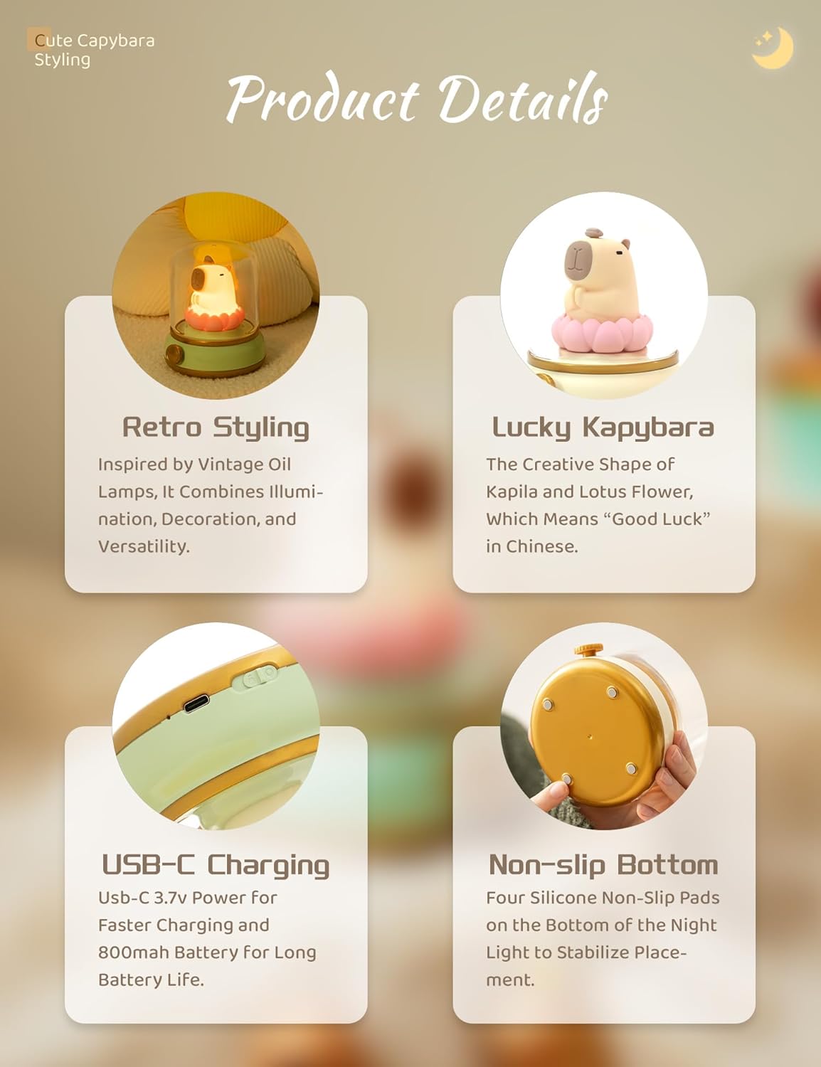 Lucky Capybara Night Light, Cute Rechargeable Lamp for Kids, Rotatable Brightness Adjustment, Lucky