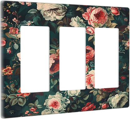 Light Switch Covers Baroque Vintage Peony Flower Floral 3 Gang Rocker Electrical GFCI Decorative