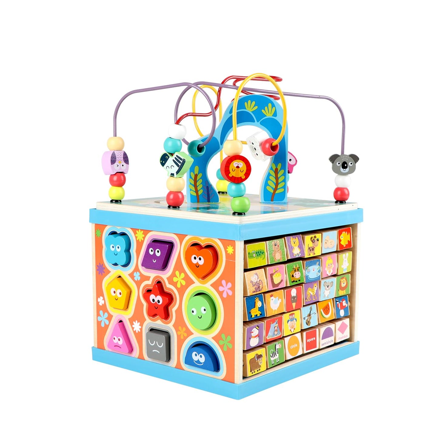 Qilay Wooden Activity Cube for Toddlers, 5 in 1 Multipurpose Abacus Early Educational Montessori